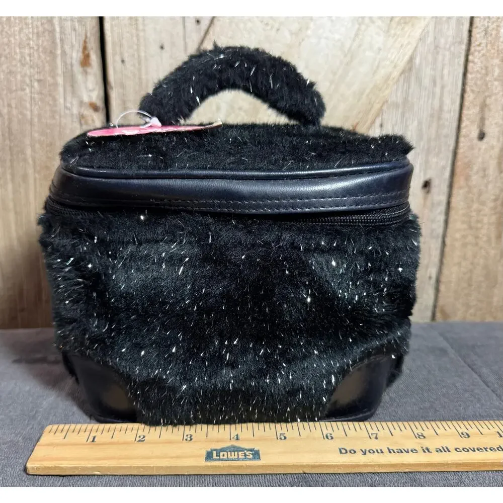 NWOT Claires Faux Fur Plush & Vinyl Black Zipper Cosmetic Bag W/Handle 7
